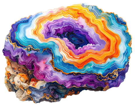Colorful, abstract depiction of a sliced geode with vibrant, layered crystal formation