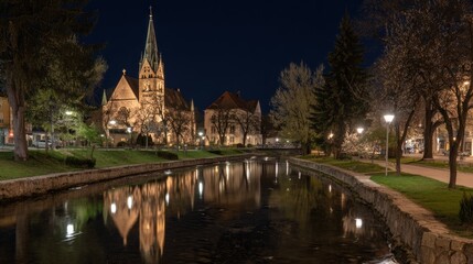 Illuminated Gothic Church Reflected in Calm River at Night with Spring Blossoms