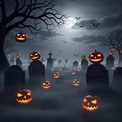 Foggy Graveyard with Jack-o’-Lanterns