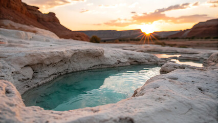 Serene desert oasis reflects golden sunset amidst rugged rock formations