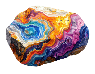 A vibrant watercolor rendering of a geode revealing swirling layers of bright colors