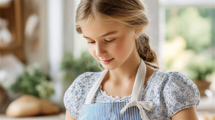 Smiling girl in kitchen wearing apron mixing ingredients, concept of joy, childhood, and culinary learning.