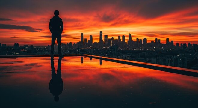 A silhouette of a man standing on a rooftop overlooking a city skyline at sunset.