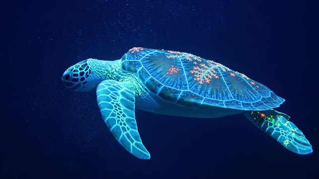 sea turtle swimming gracefully in dark blue ocean water, displaying bioluminescent patterns and intricate markings on its shell and flippers, showcasing marine life, science                           