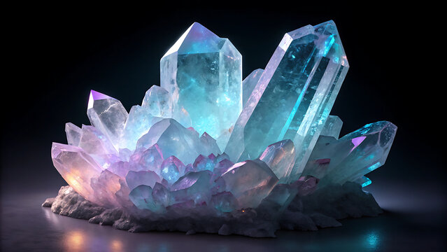 Vibrant cluster of translucent crystals glowing with ethereal blue and purple light