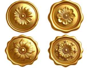 Four golden circular embossed designs with floral patterns on a black background