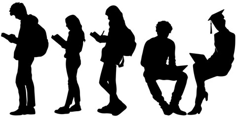 Diverse group of students in silhouette reading and studying together silhouette
