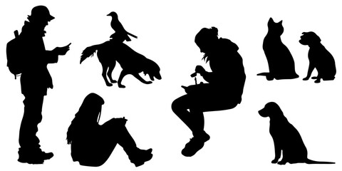 Collection of diverse human and animal silhouettes in various poses and activities silhouette