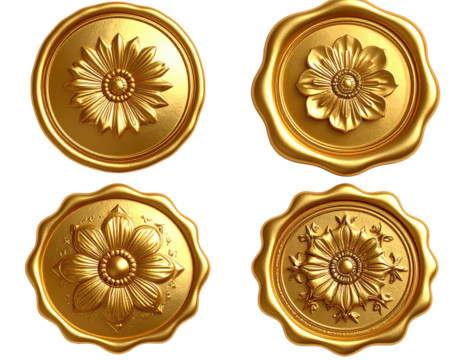 Four golden circular embossed designs with floral patterns on a black background