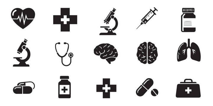 Collection of medical icons representing healthcare science research and treatment symbols