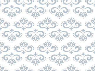 Wallpaper in the style of Baroque. White and gray floral ornament. Seamless vector background. Graphic pattern for fabric, wallpaper, packaging. Ornate Damask flower illustration