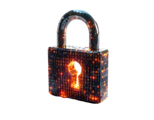 A digital padlock, emitting orange light, with a binary code pattern on it