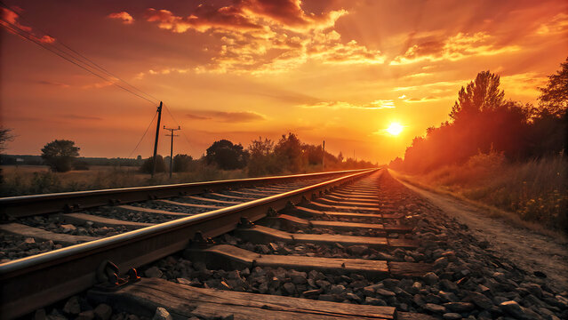 Golden sunset over railroad tracks leading towards distant horizon
