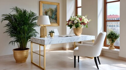 Obraz premium Stylish home office with marble desk and elegant decor
