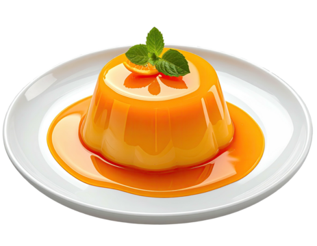 Glossy, bright orange dessert, in a flowing sauce, mint garnish on a white plate