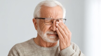Elderly man with gray hair and glasses expressing discomfort while rubbing his eyes, showcasing emotions and fatigue in bright indoor setting