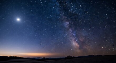 Naklejka premium Night sky panorama featuring stars and the milky way galaxy backdrop