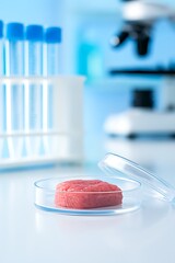 Lab-grown meat in petri dish with test tubes and microscope in background.