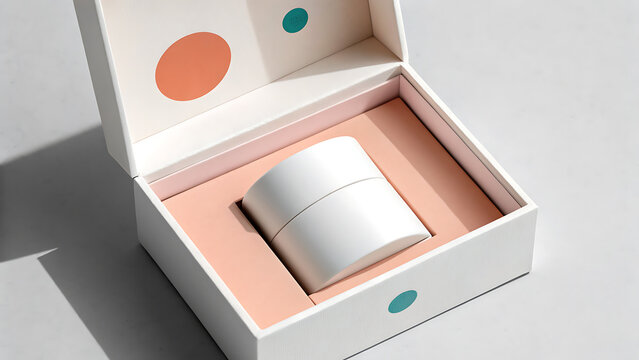 Elegant white skincare product presented in a stylish open gift box with abstract design