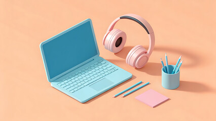 Pastel workspace setup with blue laptop and pink headphones on orange background