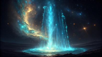 Vibrant cosmic waterfall of light descending into a mystical nebula