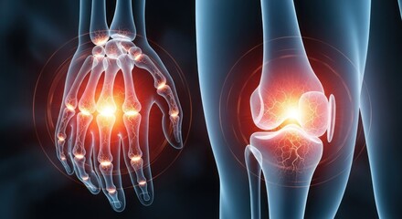 A transparent hand and knee joint with highlighted bones and ligaments, indicating pain or inflammation.