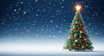 A Christmas tree with a star on top, surrounded by snowflakes and a blue sky with a few clouds.