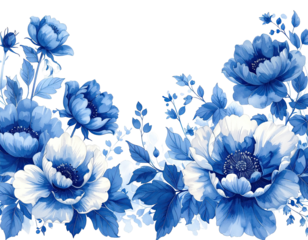 Digital floral illustration featuring vibrant blue and white peonies with intricate details