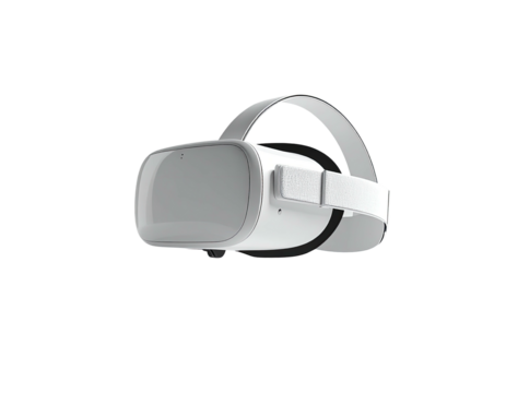 A white virtual reality headset sits on a black background, showcasing its sleek design