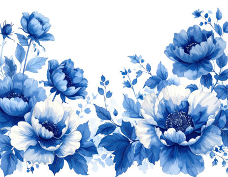 Digital floral illustration featuring vibrant blue and white peonies with intricate details