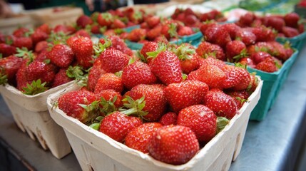 Baskets Overflowing with Fresh, Ripe Strawberries at a Farmers Market Stall