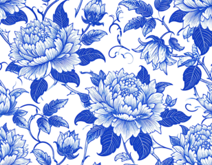 Detailed floral pattern of blue and white peonies and leaves on a black background