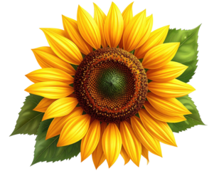 Digitally painted sunflower in full bloom, showcasing vibrant yellow petals and green leaves