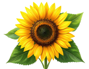 Digitally rendered, vibrant sunflower with bright yellow petals, detailed center, green leaves