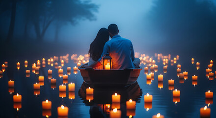 Romantic couple in boat surrounded by candles floating on dark water