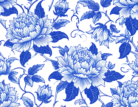 Detailed floral pattern of blue and white peonies and leaves on a black background