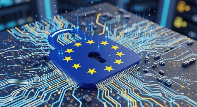 A European Union flag with a padlock symbol on a circuit board.