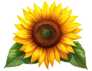 Obraz premium Digitally painted, vivid sunflower with lush yellow petals, brown center, and green leaves