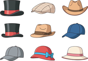Nine illustrated hat styles, fashion headwear collection, vintage and modern designs, costume accessories, cultural hats, vector icons, stylish headwear graphic
