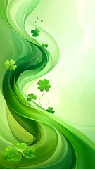 A flowing green abstract with lucky four-leaf clovers