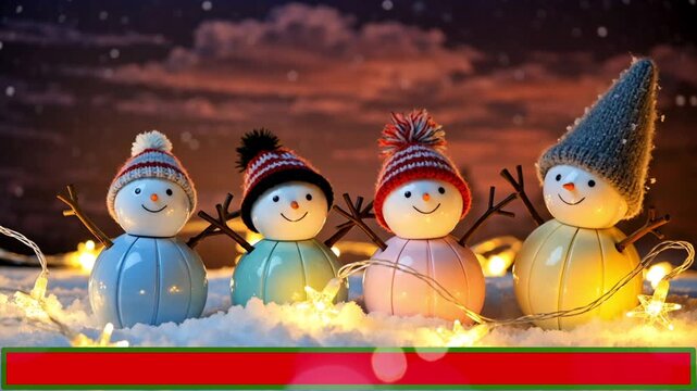 Simpatici pupazzetti di neve giocattolo con luci decorative e tanta neve, con spazio per testo