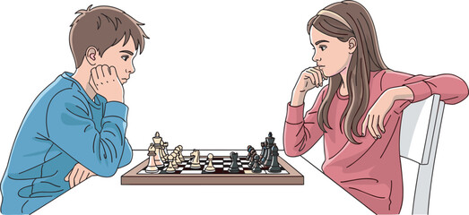 Two children playing chess, strategic thinking, educational game, concentration moment, indoor activity, intellectual development, board game illustration, kid interaction vector