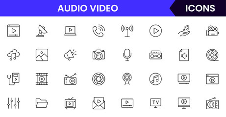 Modern vector line icons representing media tools, cameras, microphones, play buttons, and screens, perfect for digital content and broadcasting platforms.