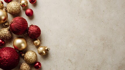 Flat lay of red and gold Christmas decorations on beige background