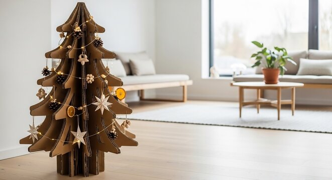 Cardboard Christmas tree adorned with lights and ornaments stands in a modern living room