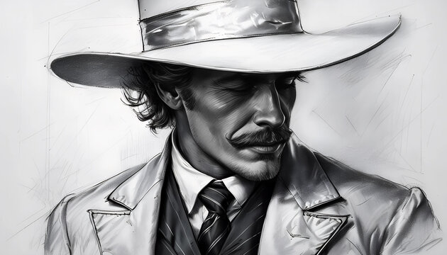 disegno a china del volto di un'uomo elegante con baffi, pizzetto e cappello bianco, ink drawing of the face of an elegant man with a mustache, goatee, and white hat