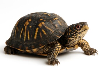 Fototapeta premium A close-up of a brown and yellow turtle against a white background.