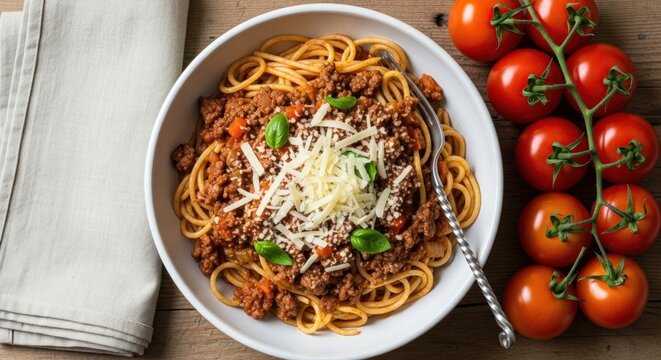 A bowl of spaghetti bolognese with grated cheese and fresh tomatoes on a wooden table.