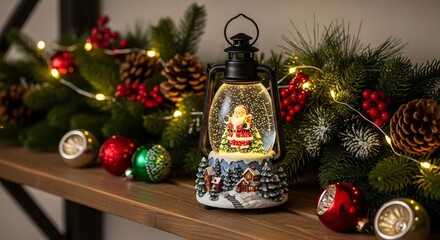 Christmas lantern with Santa globe on shelf surrounded by ornaments and garland with pinecones and lights