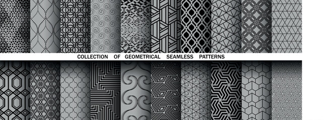 Geometric set of seamless black and gray patterns. Simple vector graphics
